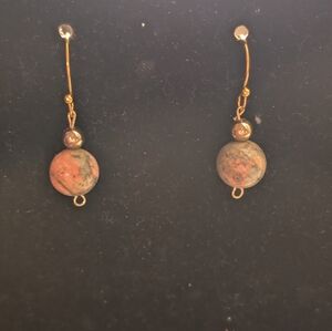 Handcrafted Gold Tone and Two Tone Green & Orange Stone Earrings